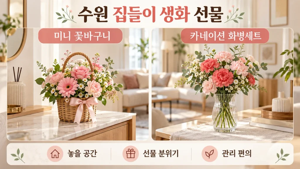수원 집들이 생화 선물, 미니 바구니와 카네이션 화병세트 비교